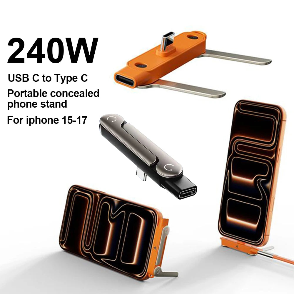 240W 2 in 1 Fast Charging Foldable Bracket Data Cable Stand Type C to Type-C OTG Data Wire for Iphone 15 16 17 Samsung Xiaomi