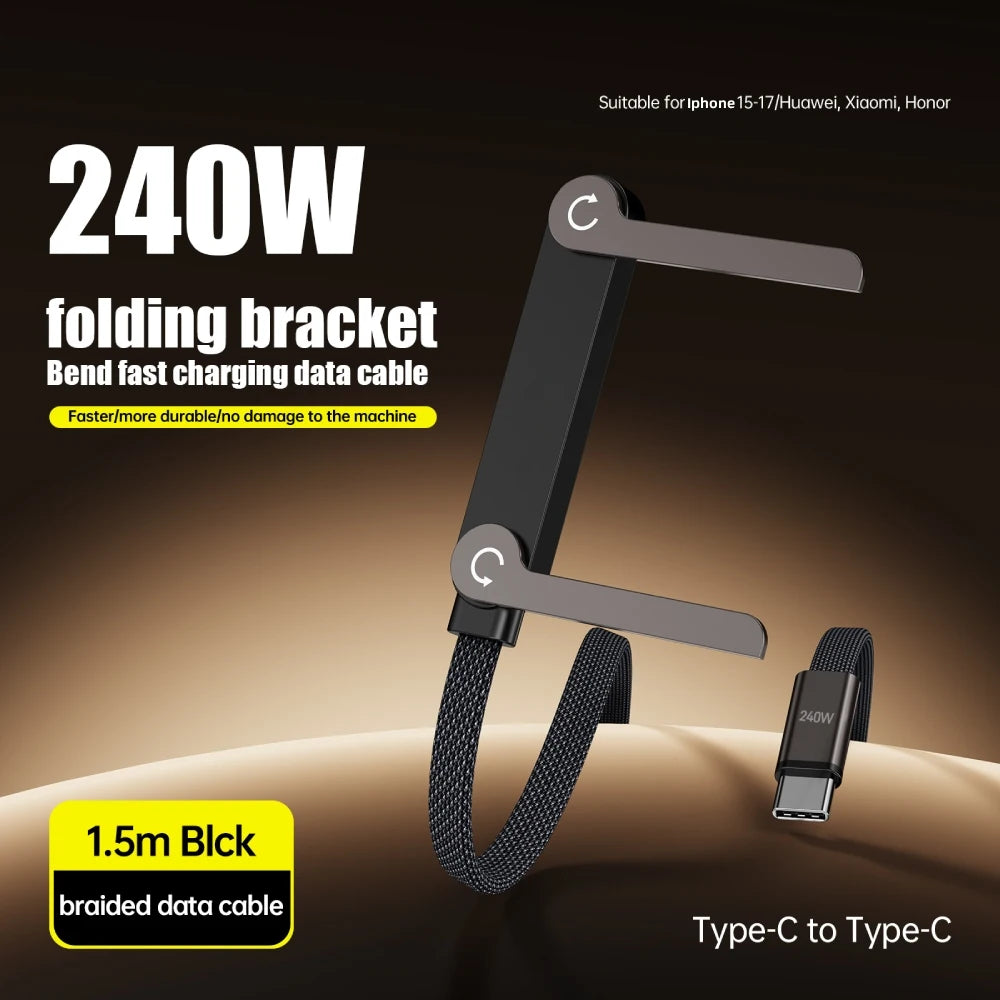 240W 2 in 1 Fast Charging Foldable Bracket Data Cable Stand Type C to Type-C OTG Data Wire for Iphone 15 16 17 Samsung Xiaomi