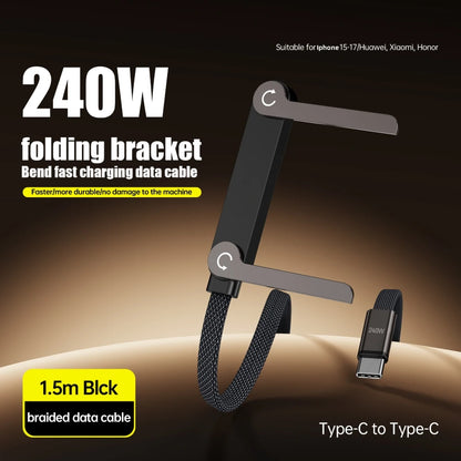 240W 2 in 1 Fast Charging Foldable Bracket Data Cable Stand Type C to Type-C OTG Data Wire for Iphone 15 16 17 Samsung Xiaomi