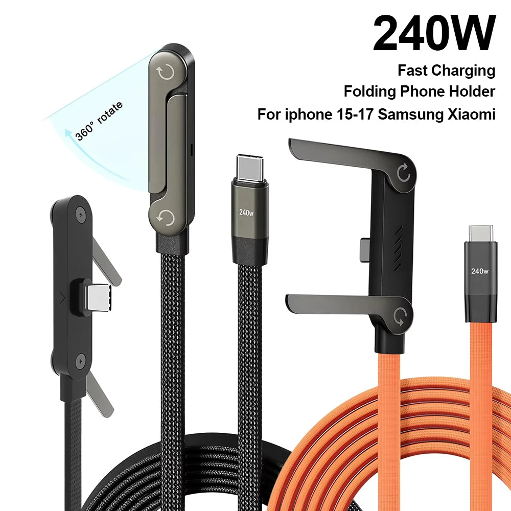 240W 2 in 1 Fast Charging Foldable Bracket Data Cable Stand Type C to Type-C OTG Data Wire for Iphone 15 16 17 Samsung Xiaomi
