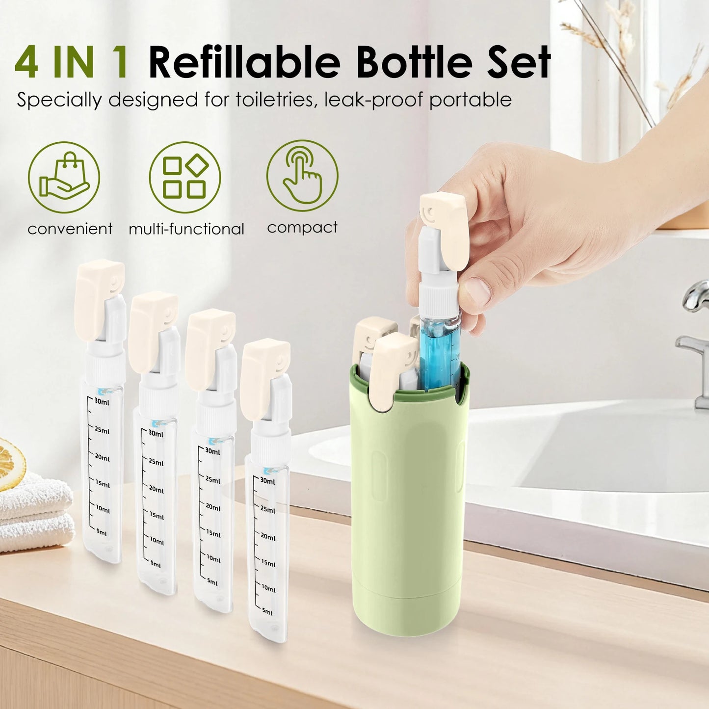 4 in 1 Travel Dispenser Bottle Plastic Toiletry Container Bottle Portable Leak Proof Travel Bottles for Shampoo and Conditioner